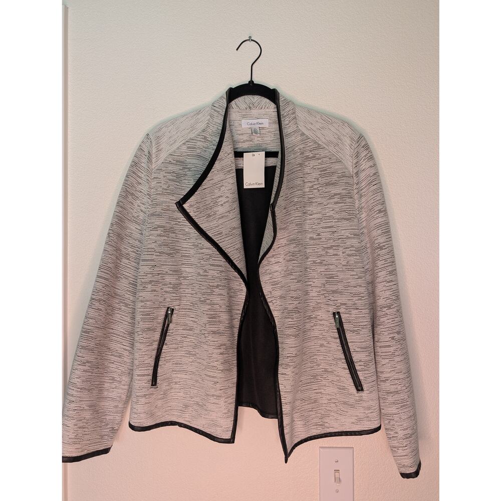 Calvin Klein NWT Open Front Knit Blazer L Leather Trim Chic Office Travel Classy